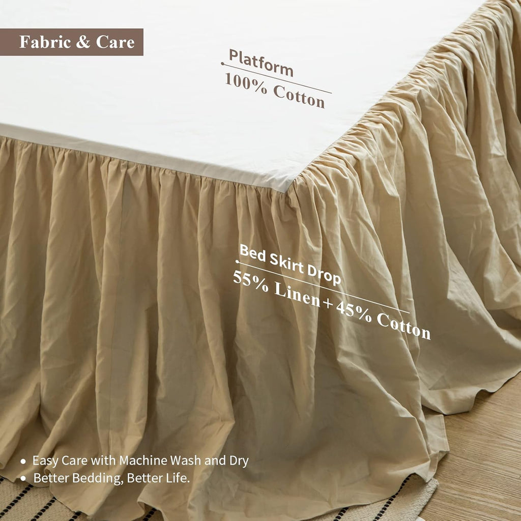 BISELINA French Linen Bed Skirt with Pleated Frills 18-Inch Tailored Drop Natural Flax Cotton Blend Dust Ruffle Soft Cozy Farmhouse Bedding (18" Queen, Ruffle Linen)