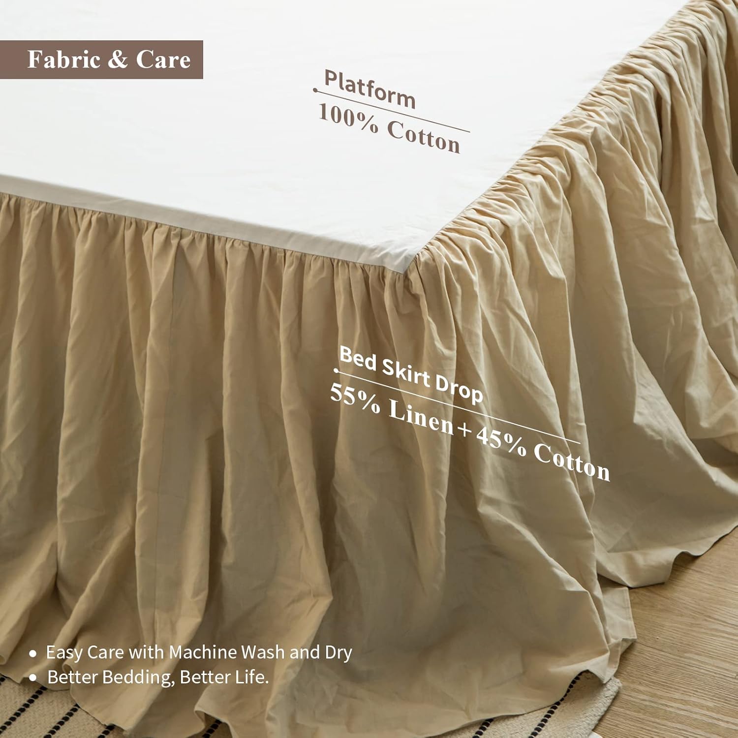 BISELINA French Linen Bed Skirt with Pleated Frills 18-Inch Tailored Drop Natural Flax Cotton Blend Dust Ruffle Soft Cozy Farmhouse Bedding (18" Queen, Ruffle Linen)