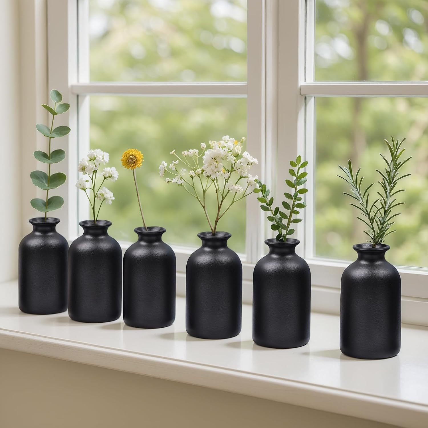 Black Ceramic Bud Vases Set of 6 – 5in Small Vases for Dry Flowers or House Plants, Modern Boho Decorative Vases for Wedding, Home, Table Centerpieces, Mantel or Office Decor