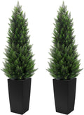 5FT Tall 2 Pack Artificial Cedar Topiary Trees with Compact Pyramidal Shape, Realistic Faux Cypress in Square Black Pot with Fillable Water Bag, Outdoor Evergreen for Front Porch Garden Home Decor