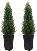 5FT Tall 2 Pack Artificial Cedar Topiary Trees with Compact Pyramidal Shape, Realistic Faux Cypress in Square Black Pot with Fillable Water Bag, Outdoor Evergreen for Front Porch Garden Home Decor