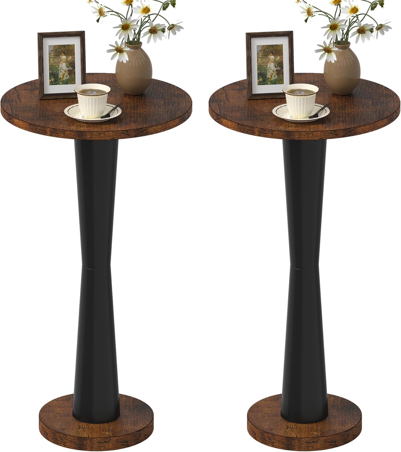 LAATOOREE Small Round Side Tables Set of 2, Wood Pedestal Drink Tables, Accent Coffee End Tables with Solid Wood Leg for Small Space, Living Room, Bedroom, Corner (2, Rustic Brown+ Black)