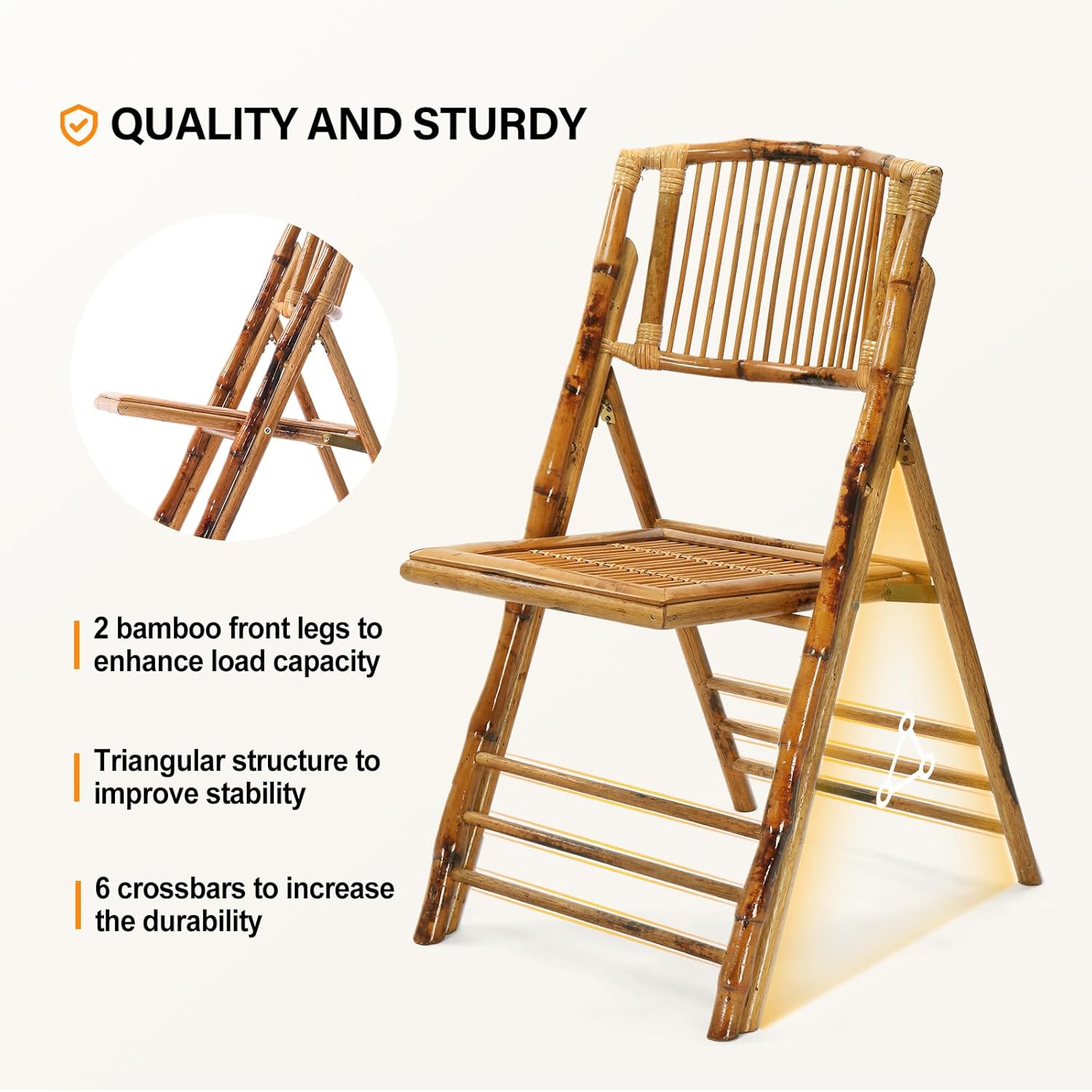 VINGLI Bamboo Folding Chair, Foldable Dining Wood Chairs Comfortable Seat for Outdoor & Indoor, Patio, Porch, Wedding, Party, Event,Brown (4 Pack)