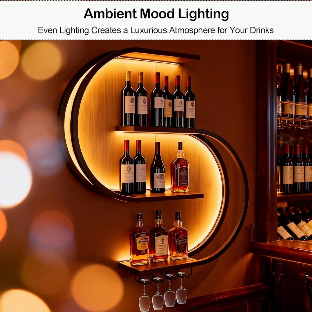 47.24in Wall Mounted Wine Rack, with LED Light Half Round Multi-Tier Iron Wine Bottle Display Rack with Wine Glass Hooks, for Kitchen, Bar, Cafe (Black,47.24 * 7.87 * 47.24INCHES)