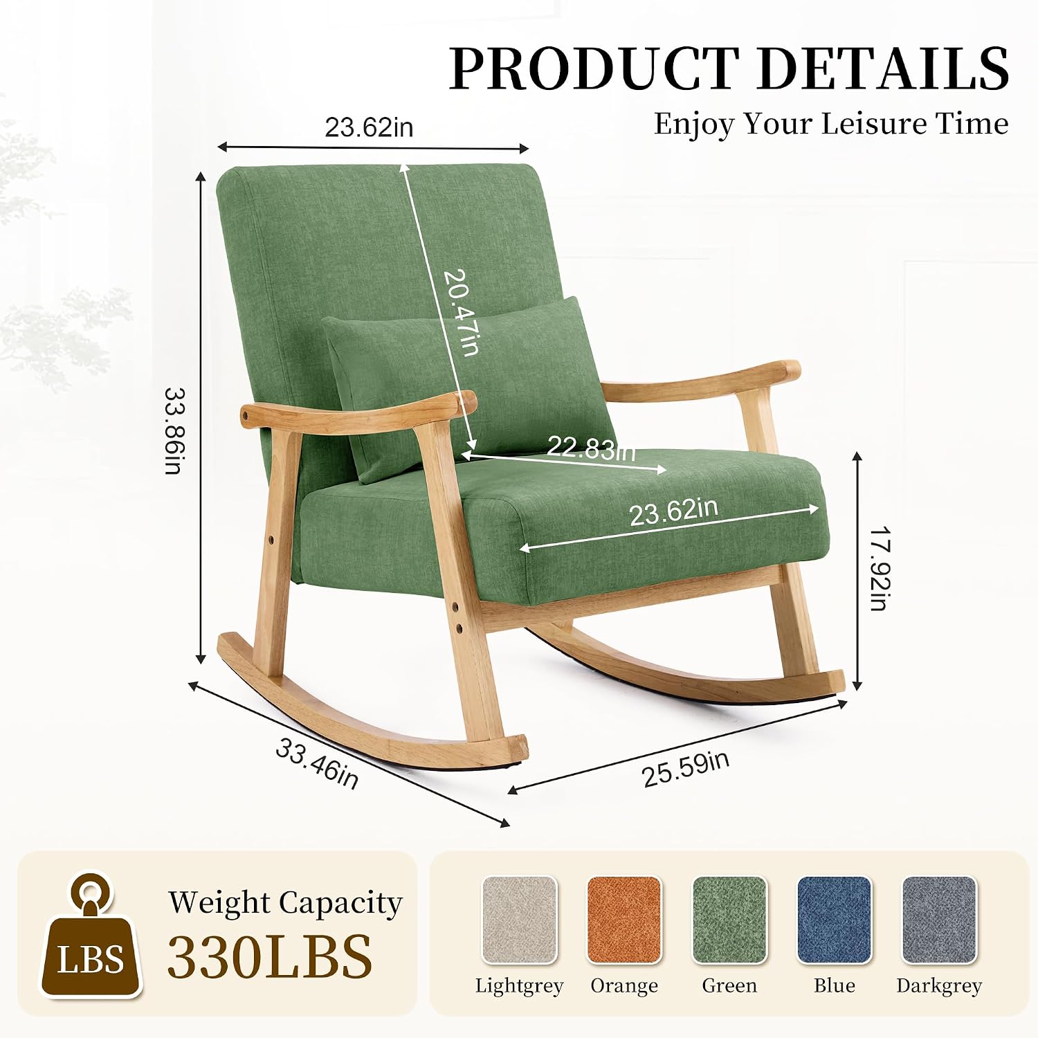 SAETSFEG Rocking Chair for Nursery with Lumbar Pillow, Upholstered Accent Chair with Solid Rubberwood Frame, Living Room & Bedroom, Cozy Reading Chair for Small Spaces, Green