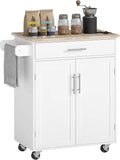 HOMCOM Kitchen Island Cart, Rolling Island Table with Solid Wood Top, Trolley Cart with Drawer, Storage Cabinet & Towel Rack, White