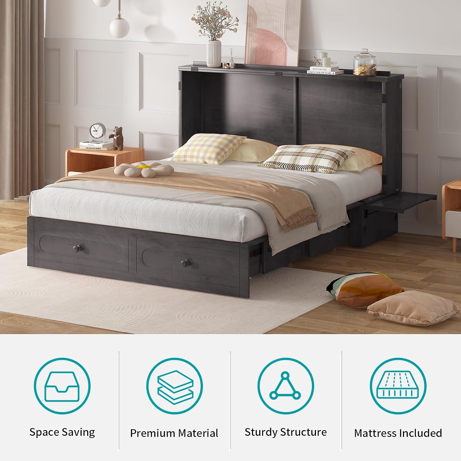 BALUS Queen Murphy Bed with Tri-fold Mattress, USB Charging Station, Murphy Cabinet Bed with Storage Drawer, Space-Saving Hidden Cabinet Chest Beds for Guest Room Living Room, Dark Grey