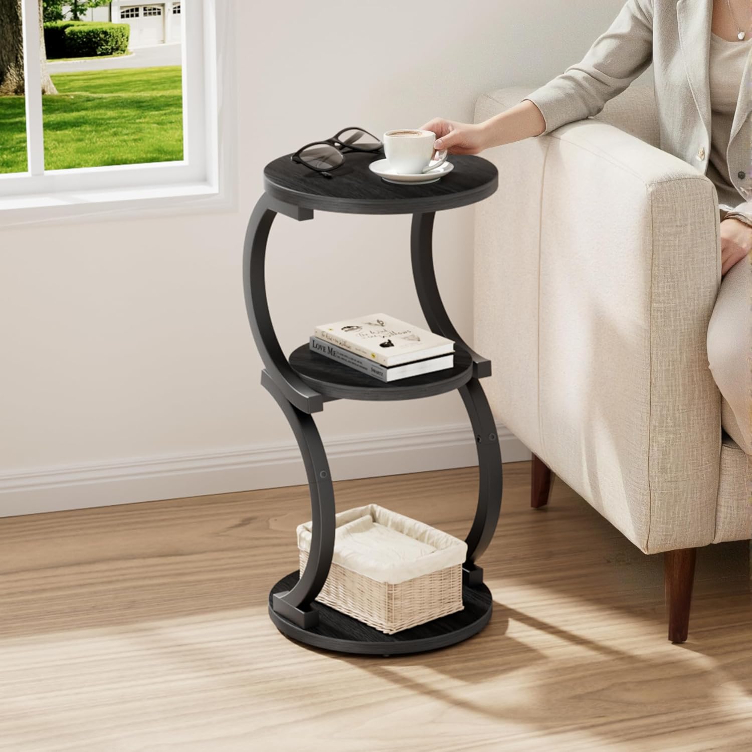 JUSTOGO Small Round Side Table, 3-Tier End Table for Living Room, Vintage Nightstand for Small Spaces Sofa Couch Corner Bedside Bedroom, S-Shaped Wood Accent Table Metal Coffee Table, Black
