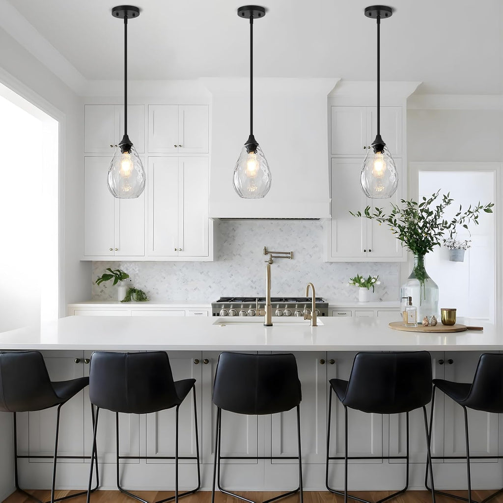 Glass Pendant Lights Kitchen Island, 1-Light Modern Black Pendant Light Fixtures with Hammered Glass and Rods, Small Hanging Light for Kitchen Sink Dining Room Bathroom