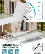 Pool Lounge Chairs Set of 2, Aluminum Outdoor Lounge Chairs with Wheels and 5-Position Recliner, Patio Chaise Lounge Outdoor for Poolside, Deck, Beach (White)