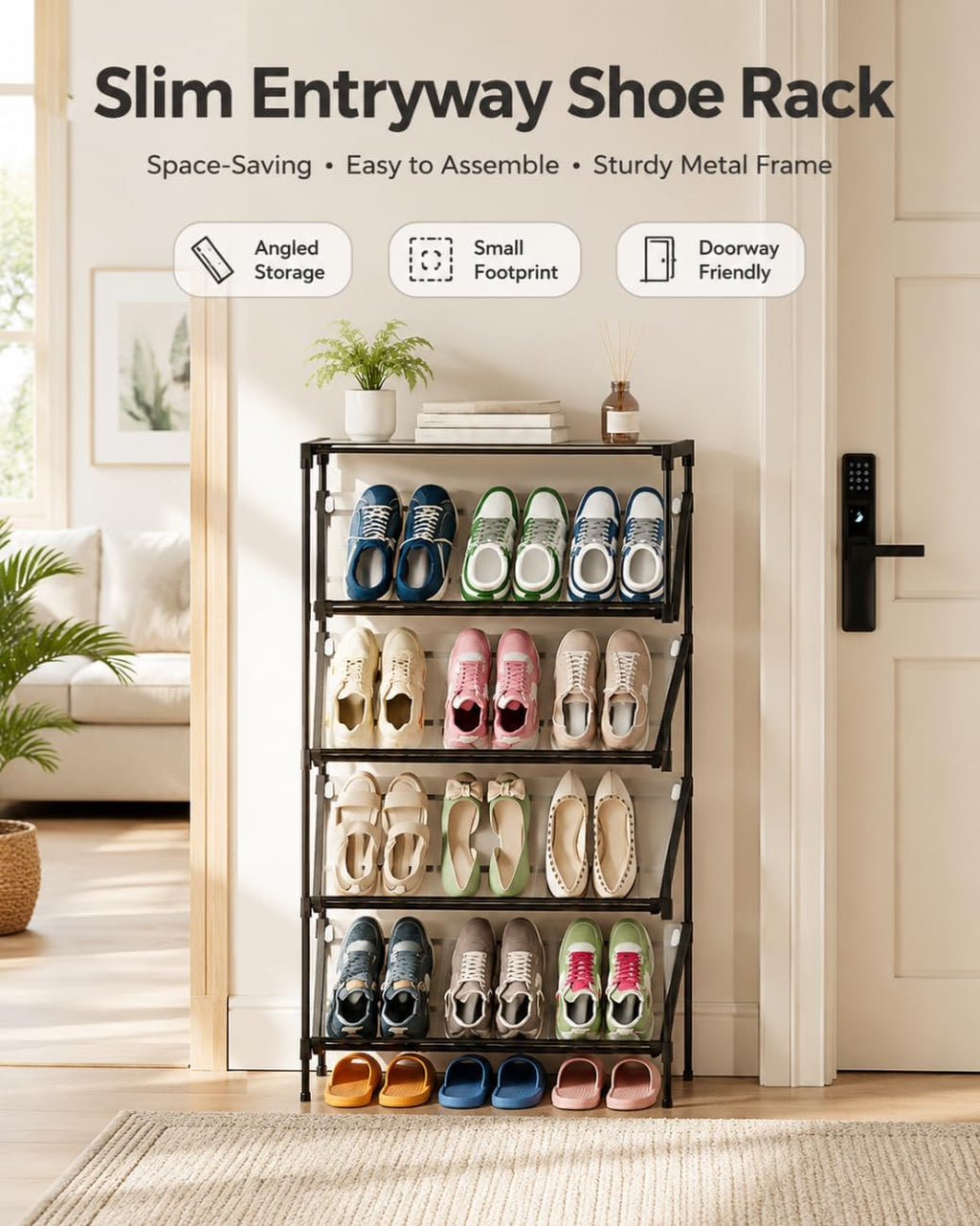 Space-Saving Angled Shoe Rack, 5/6-Tier Slim Entryway Organizer (5-Layer)