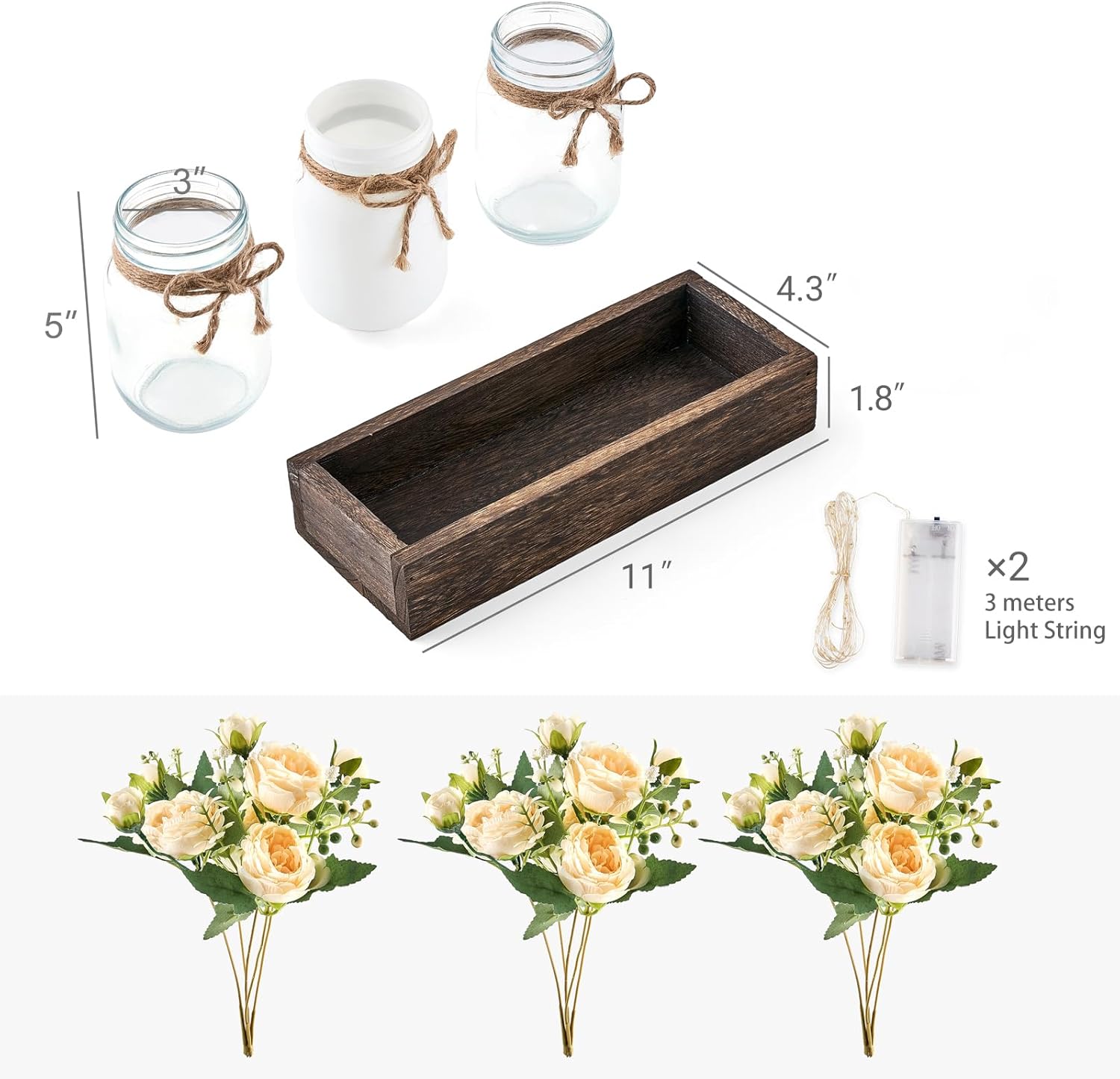 Mkono Mason Jar Lights Centerpiece Table Decor for Dining Room Farmhouse Wood Tray with 3 Jars Flowers Summer Decoration for Coffee Table Kitchen Living Room Wedding