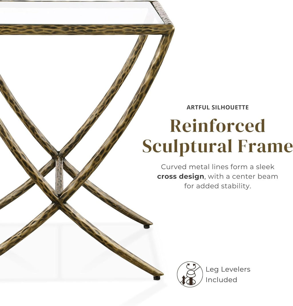 24/7 Shop at Home Lalia Modern 22-inch Metal Side Table with Tempered Glass Tabletop, Hammered Forged Steel Frame for Bedroom, Living Room, Home Office, Matte Gold