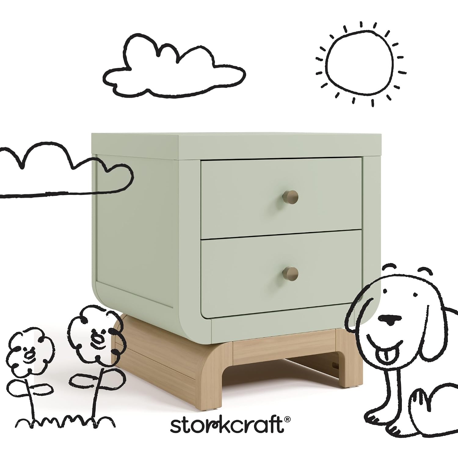 Storkcraft Santorini 2 Drawer Nightstand, Sage & Driftwood | GREENGUARD Gold Certified Nightstand for Kids Bedroom, Premium Wood with Curved Base, “Champagne” Metal Knobs