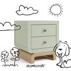 Storkcraft Santorini 2 Drawer Nightstand, Sage & Driftwood | GREENGUARD Gold Certified Nightstand for Kids Bedroom, Premium Wood with Curved Base, “Champagne” Metal Knobs