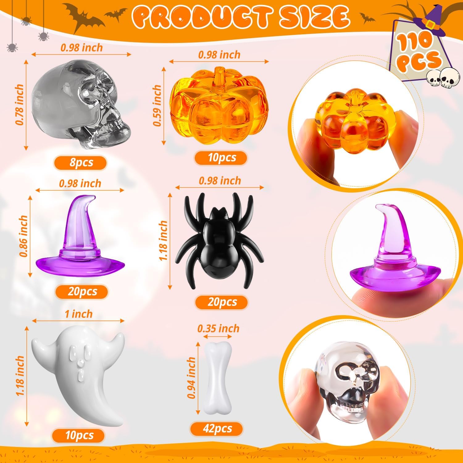 110 Pcs Halloween Vase Filler, Mini Acrylic Pumpkin Ghost Skull Spider Witch Hats Gems for Centerpieces Table Decorations, Halloween Sensory Bin Filler for DIY Crafts
