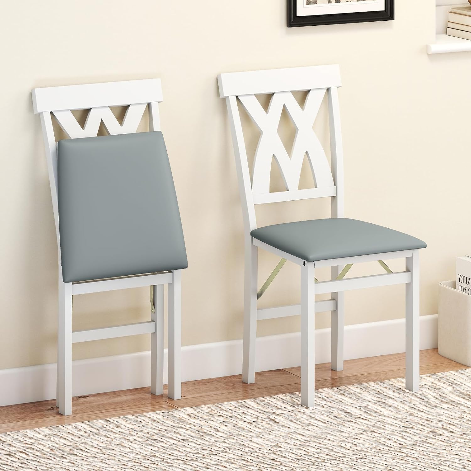 GOFLAME Folding Dining Chairs Set of 4, Foldable Kitchen Chairs with PVC Leather Padded Seat and Rubber Wood Frame, Elegant Hollowed Backrest, Wooden Dinner Chair Set for Dining Room, White