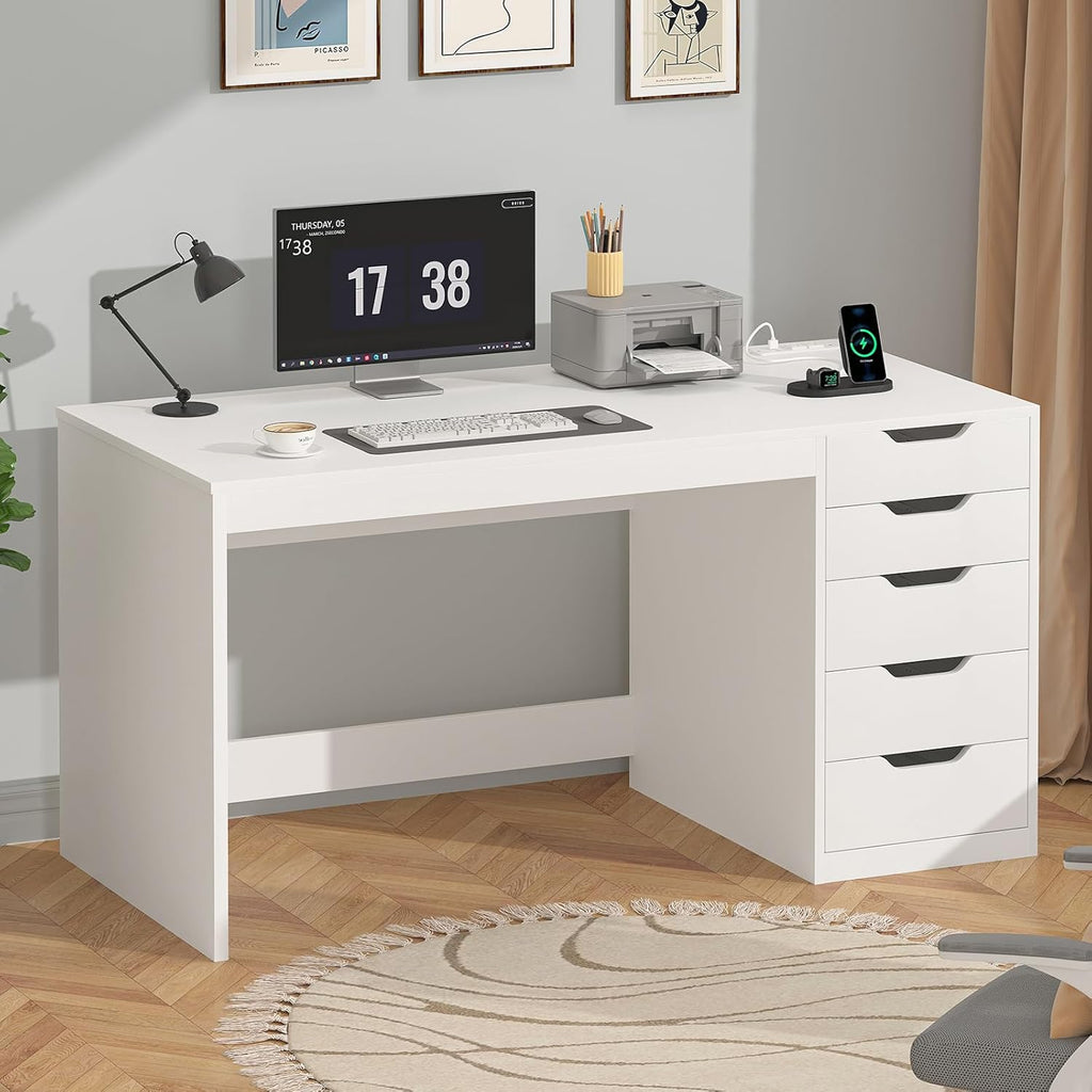 YOMILUVE 47 Inch Computer Desk with 5 Drawers and Power Outlets, Home Office Desks with Storage File Cabinet, Modern Simple Laptop Desk Writing Table for Small Spaces, White