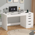 YOMILUVE 47 Inch Computer Desk with 5 Drawers and Power Outlets, Home Office Desks with Storage File Cabinet, Modern Simple Laptop Desk Writing Table for Small Spaces, White