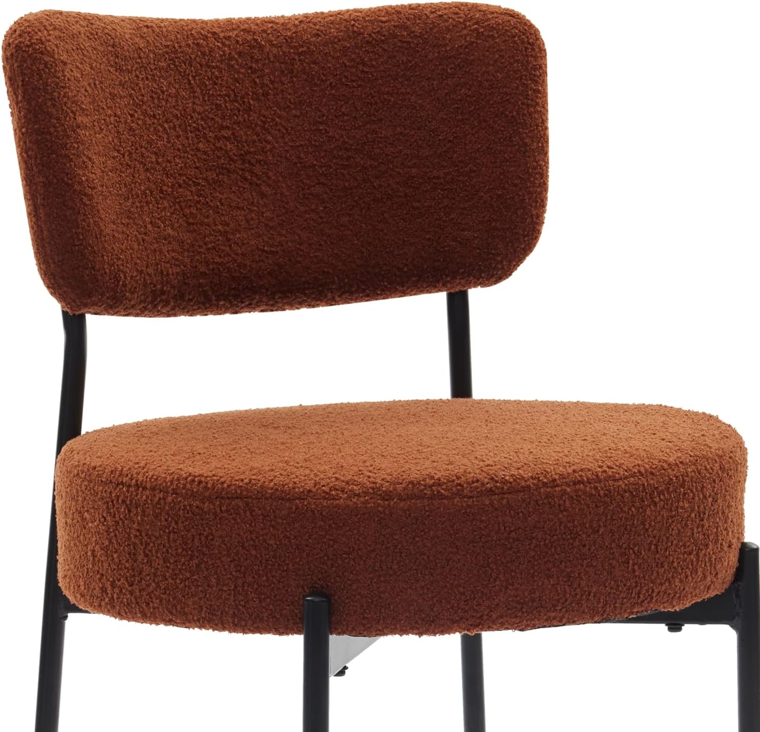 Boucle Dining Chair Set of 2, Mid Century Modern Upholstered Kitchen Chairs with Curved Backrest & Black Metal Legs, Round Dining Room Chairs, Brown