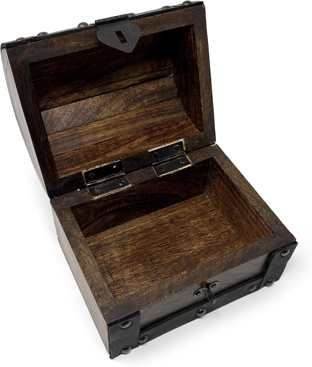 Nautical Cove Handmade Wooden Treasure Chest Storage Box – Deluxe Design with Real Leather Accents, Working Iron Lock & Skeleton Keys, Decorative Keepsake Chest (X-Small - 5.5 x 4 x 4)