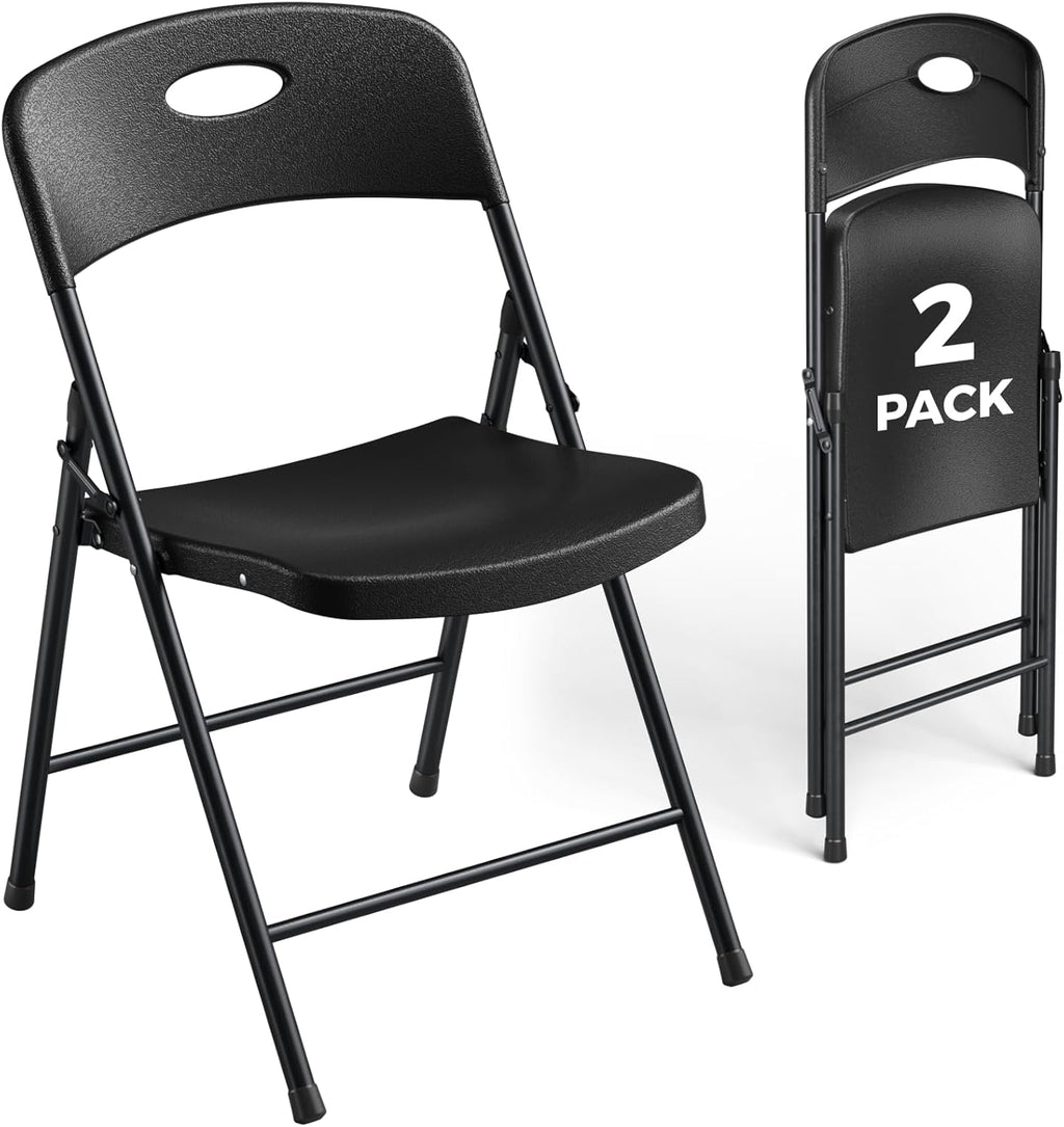 2 Pack Black Folding Chair, Plastic Portable Stackable Commercial Seats with Steel Frame 350lb, Heavy Duty Foldable Chair for Indoor and Outdoor, Patio, Office, Picnic, Kitchen, Events