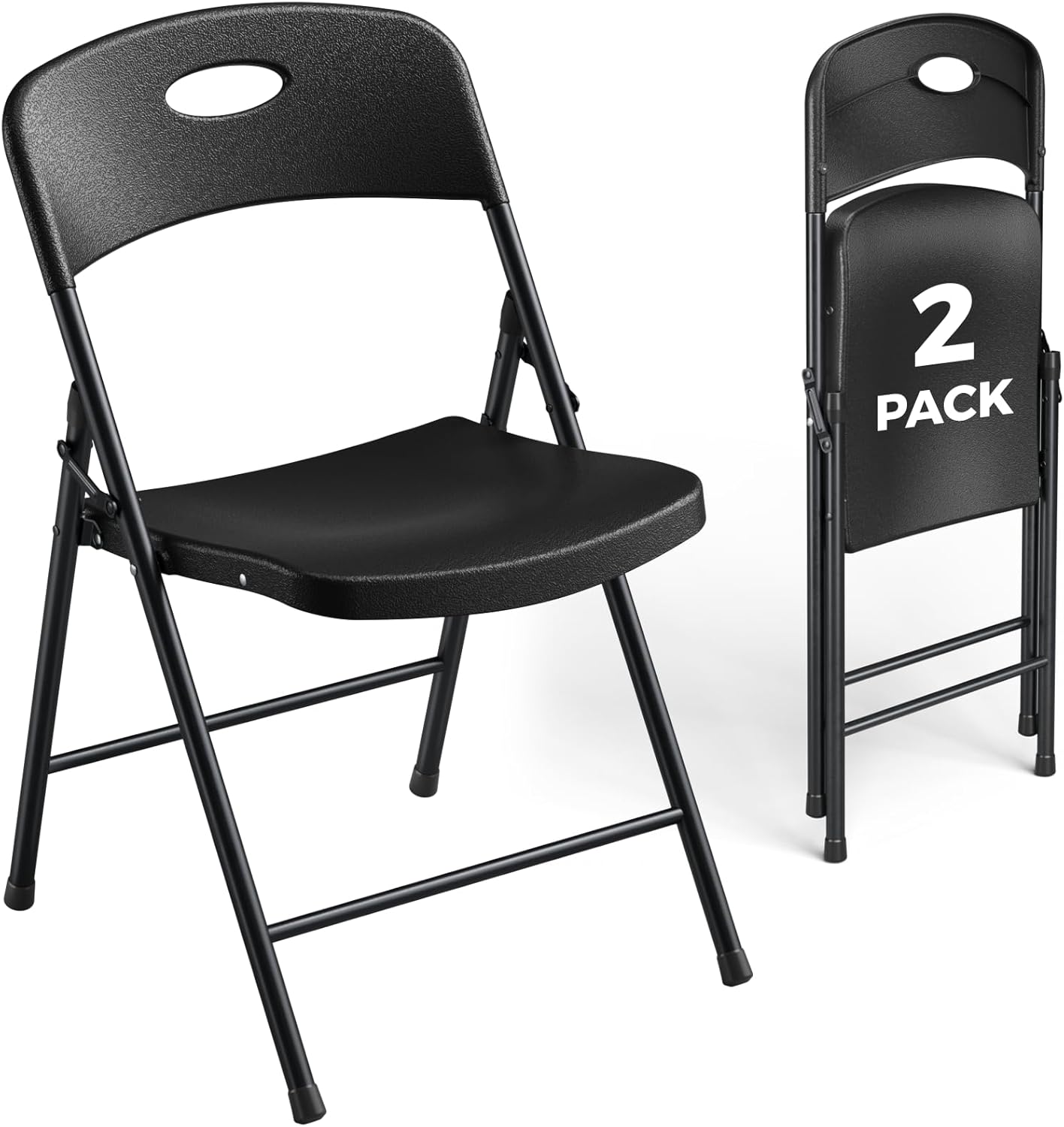 2 Pack Black Folding Chair, Plastic Portable Stackable Commercial Seats with Steel Frame 350lb, Heavy Duty Foldable Chair for Indoor and Outdoor, Patio, Office, Picnic, Kitchen, Events