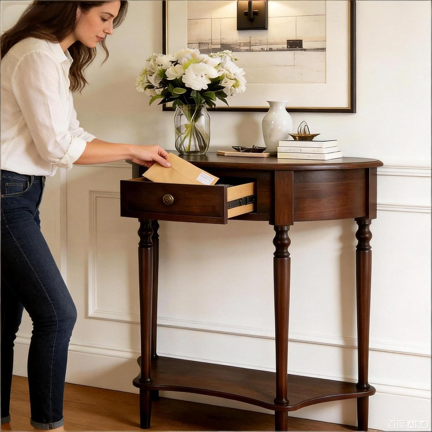 Half Moon Console Table with Drawer & Shelf, Half Round Wood Entryway Table, Narrow Small Console Table for Hallway, Foyer, Living Room & Small Spaces, （Dark Walnut 23.6IN）