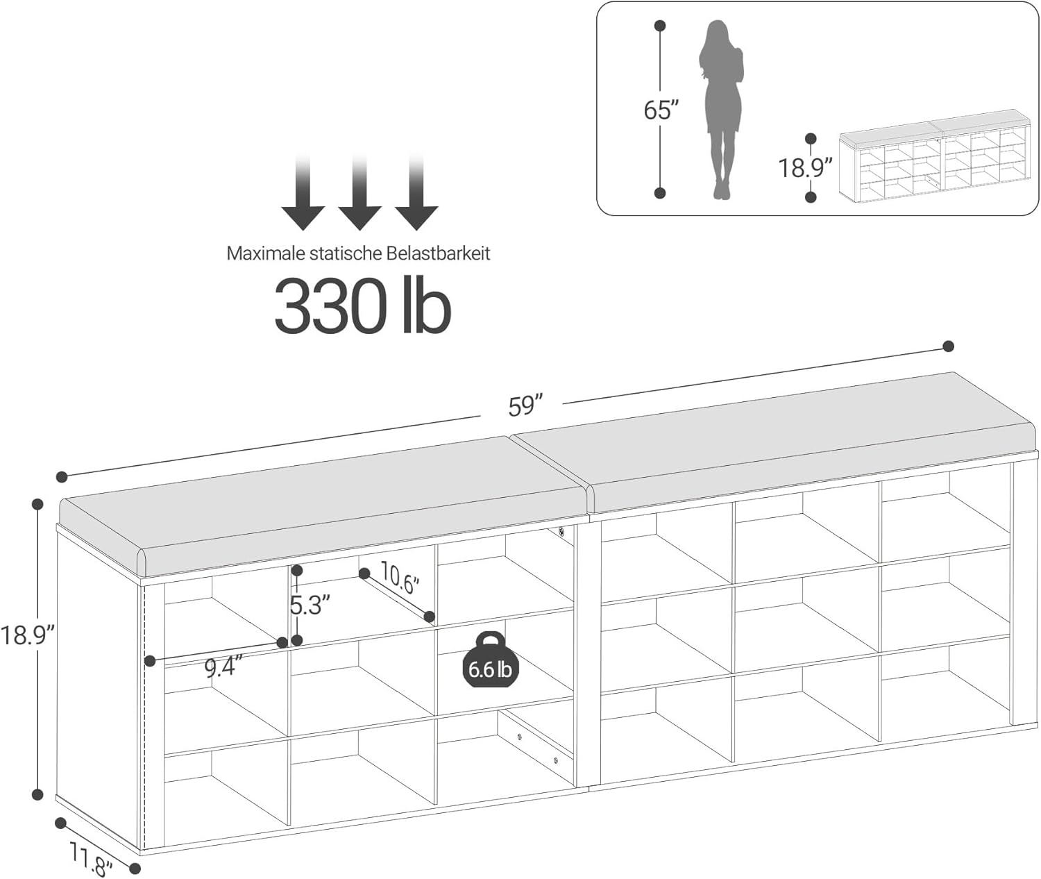 Hzuaneri Shoe Storage Bench with Cushion, Entryway Storage Bench with 18 Cubbies, 9.5" Widened Organizer Cabinet, Long Cubby Rack for Living Room, Bedroom, Entryway, Black SB25704GY | 9.5" Widened Organizer Cabinet, large Cubby Shoe Rack for Living Room