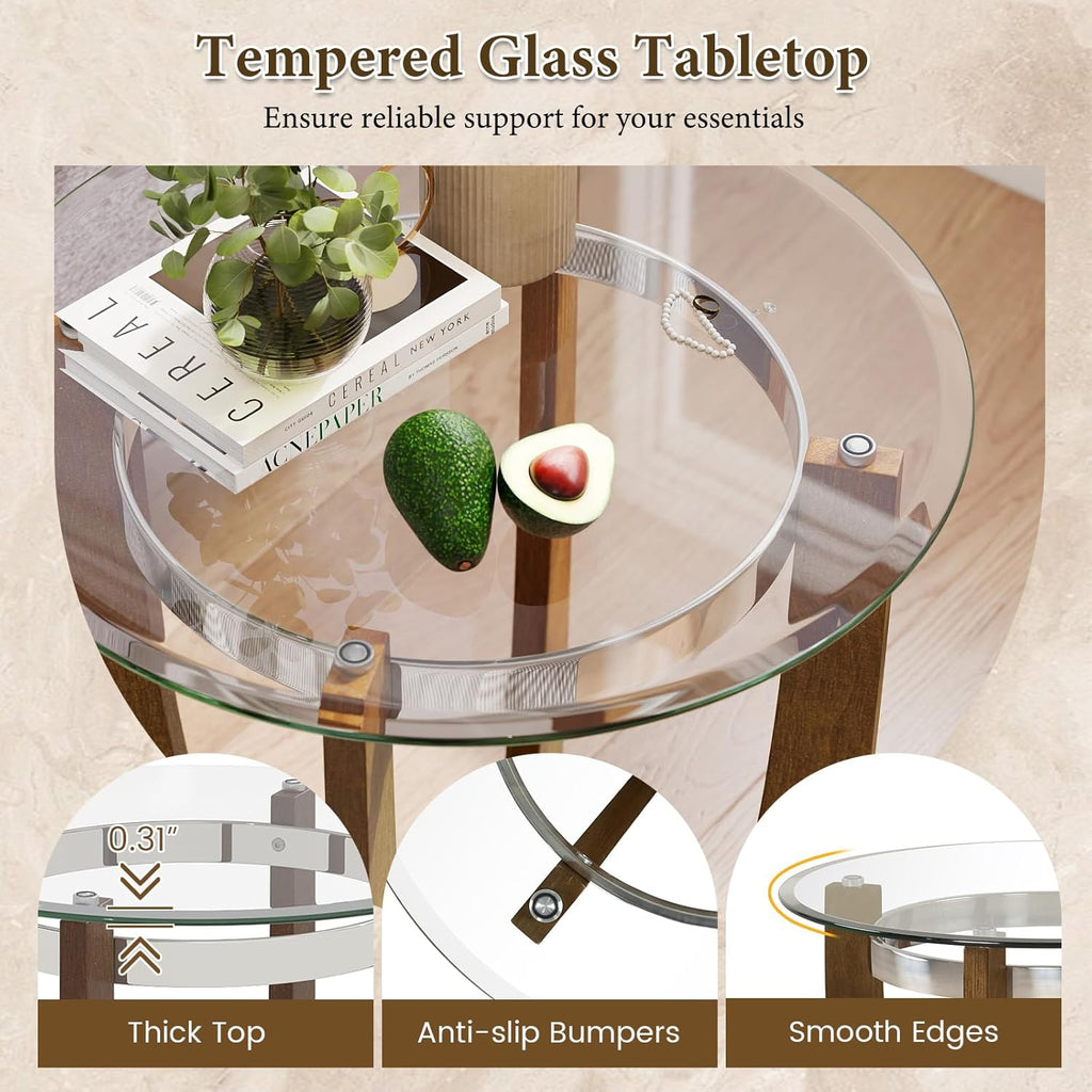 GOFLAME Glass End Table, 24” Round Sofa Side Table with Solid Rubber Wood Frame, Tempered Glass Top, Cross Base, Modern Circle Coffee Table for Living Room, Bedroom, Apartment, Walnut