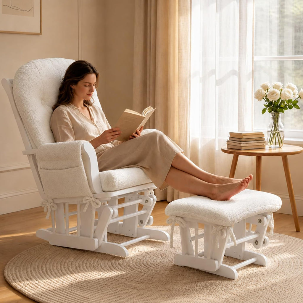 5PCS Glider Rocker Replacement Cushions with Ottoman Cover, Tufted High Back & Teddy Plush Rocking Chair Cushion Set, Thickened 3.5'' Glider Cushions with Side Pockets for Indoor Nursery, Cream