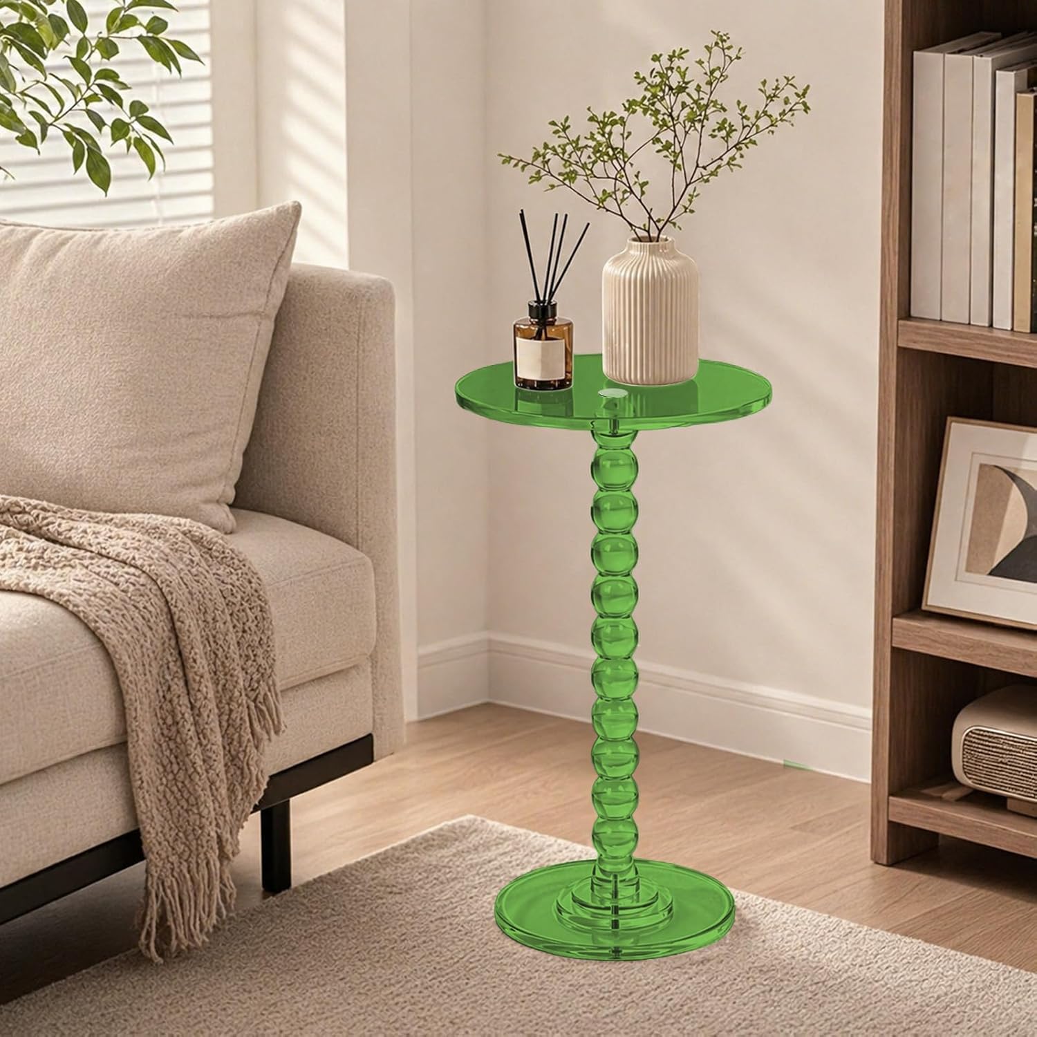 Acrylic Side Table, End Table Round Top with Solid Post, Clear Modern End Tables, Small Pedestal Drink Tables, Small Spaces Home Decor for Living Room, Bedroom, Balcony Green