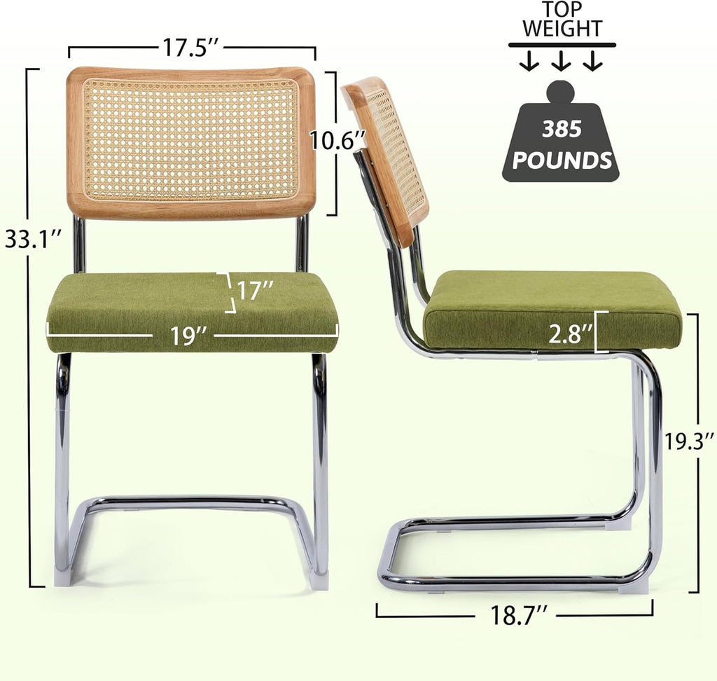 KROFEM Dining Chairs Set of 2, Modern Rattan Kitchen Chairs, Mid Century Modern Design, Polished Chrome Frame, Upholstered Seat, Green
