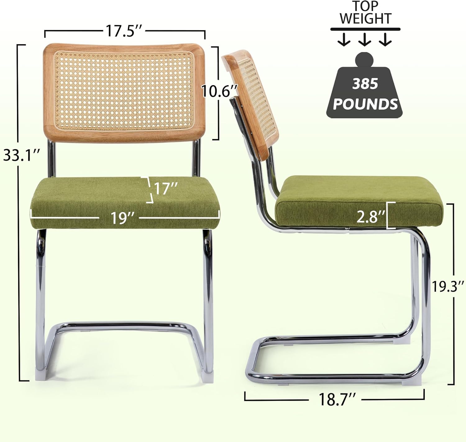 KROFEM Dining Chairs Set of 2, Modern Rattan Kitchen Chairs, Mid Century Modern Design, Polished Chrome Frame, Upholstered Seat, Green