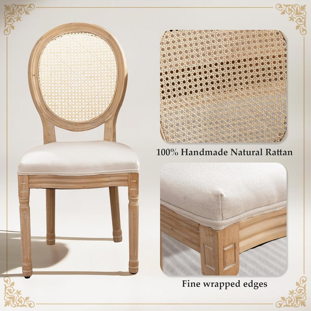 SoarFlash French Dining Chairs Set of 4, Vantage Linen Dining Chair with Round Back, Farmhouse Country Rattan Dining Chair for Living Room,Kitchen,Bedroom,Beige