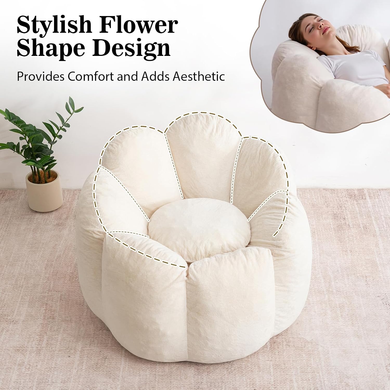 HOMMPA Bean Bag Chair for Adults Comfy Velvet Bean Bag Couch with Back Support Flower Shaped Oversized Sofa for Living Room,Bedroom,Dorm,Beige