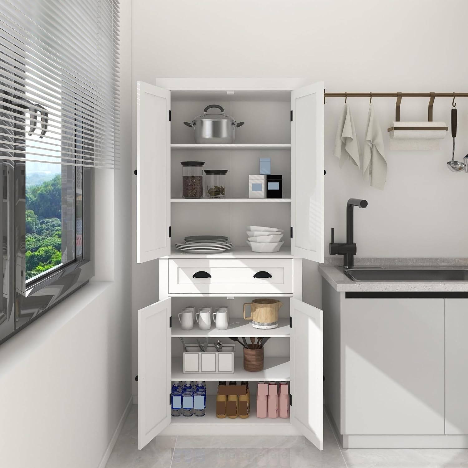 Modern Kitchen Pantry Storage Cabinet, 4 Doors and 2 Adjustable Shelves, for Dining Living Room,for Kitchen Home