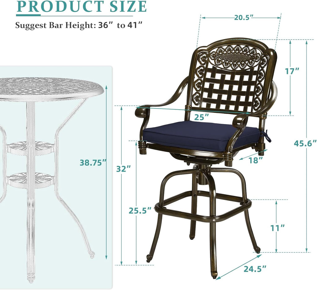 MEETWARM Outdoor Swivel Bar Stools Set of 2, All-Weather Cast Aluminum Bar Height Bistro Chairs with Footrest, High Back and Armrest, High Top Patio Bar Chairs with Cushion for Poolside Deck Backyard