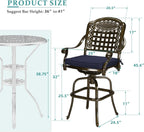 MEETWARM Outdoor Swivel Bar Stools Set of 2, All-Weather Cast Aluminum Bar Height Bistro Chairs with Footrest, High Back and Armrest, High Top Patio Bar Chairs with Cushion for Poolside Deck Backyard