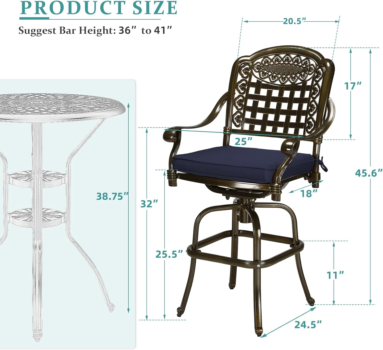 MEETWARM Outdoor Swivel Bar Stools Set of 2, All-Weather Cast Aluminum Bar Height Bistro Chairs with Footrest, High Back and Armrest, High Top Patio Bar Chairs with Cushion for Poolside Deck Backyard