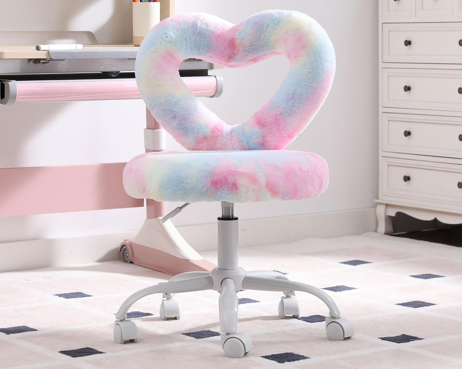 HNY Kids Desk Chair with Wheels, Cute Furry Vanity Chair with Hollowed Heart-Shape Back Adjustable Rolling Computer Study Task Chair for Girls, Fluffy Faux Fur Kids Swivel Chair for Bedroom, Colorful