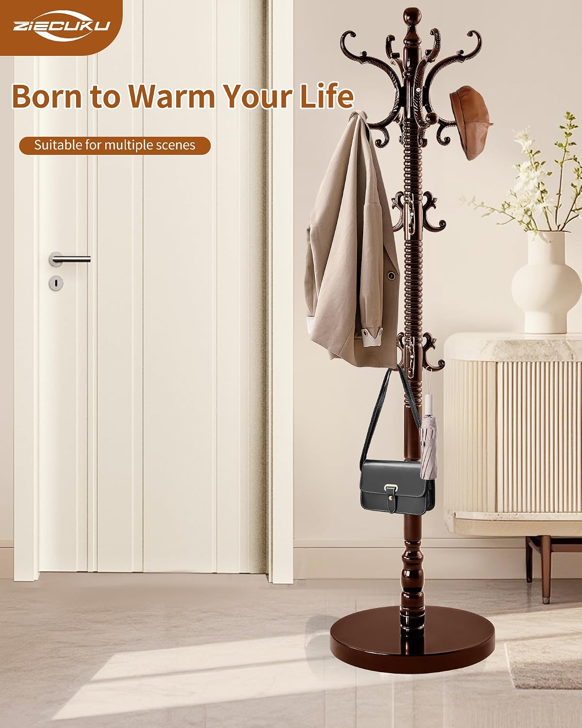 Wooden Coat Rack Freestanding, Solid Wood Coat Rack Stand with 14 Hooks, Vintage Heavy Duty Standing Coat, Sturdy Jacket Hanger Tree Stand for Corner, Office, Entryway