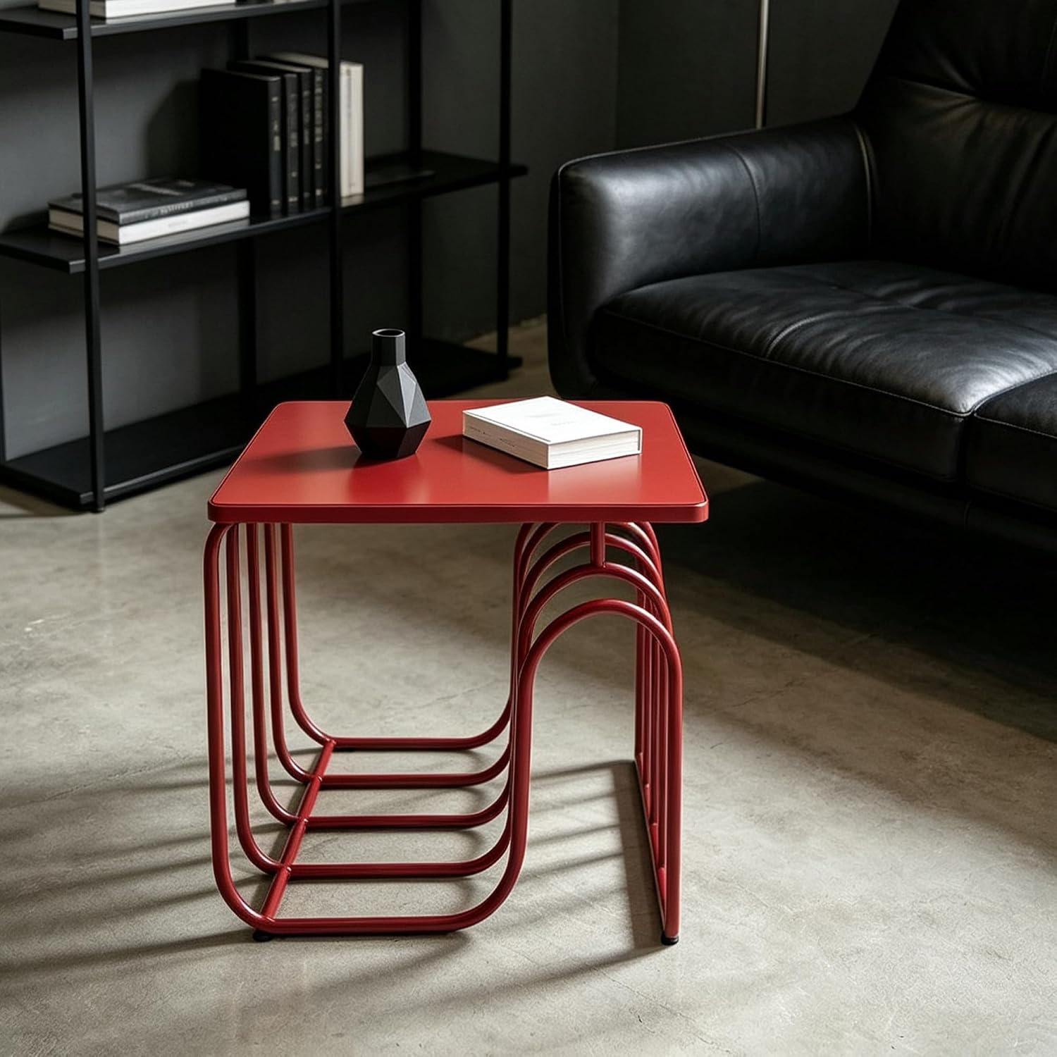 Red Curved Metal Side Table - Modern Square Accent End Table with Artistic Layered Frame, Minimalist Decorative Nightstand for Living Room, Bedroom, Entryway, Small Spaces, Easy to Clean