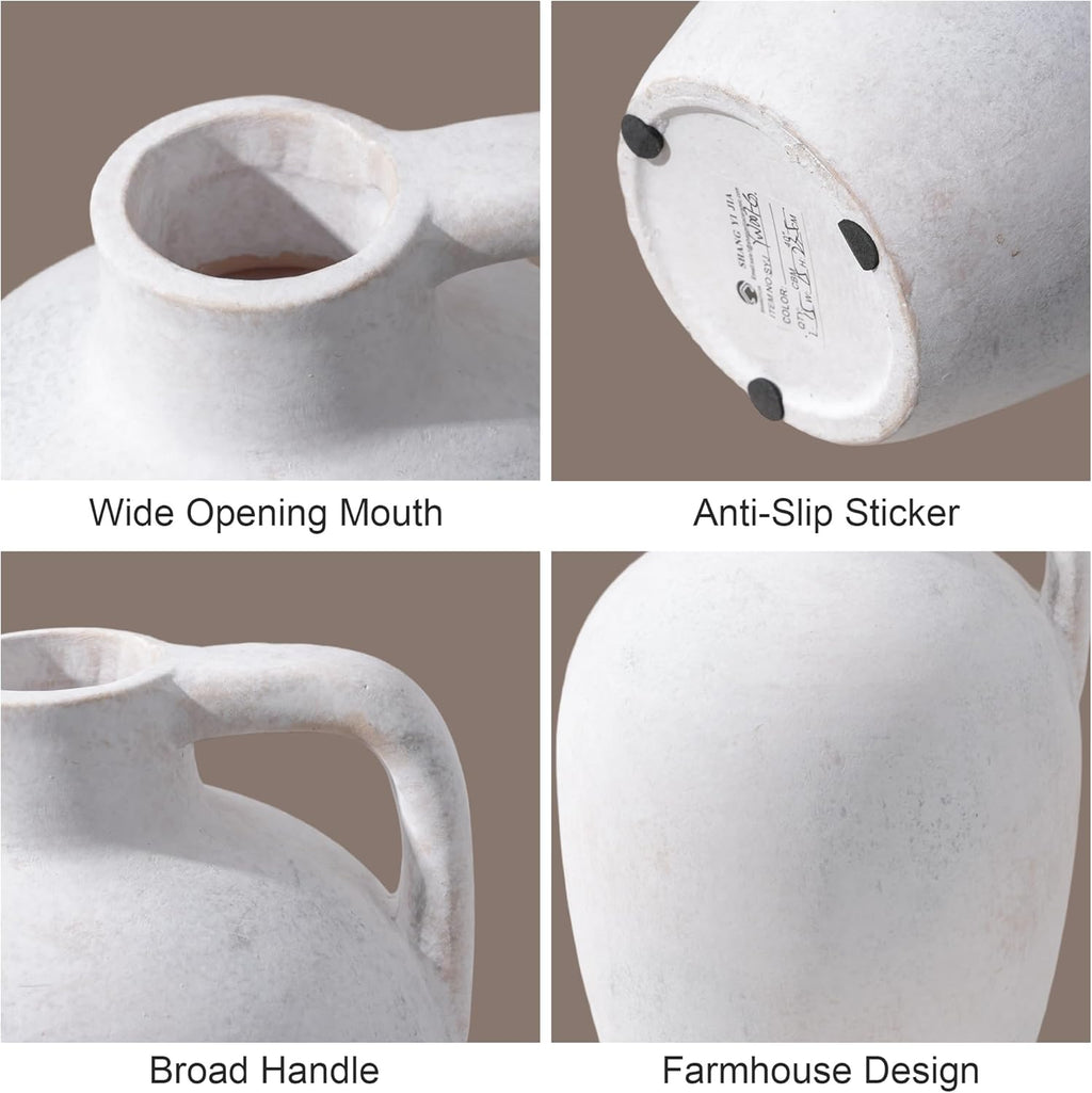 Ceramic Flower Vase with Handles,10" Neutral Tall Clay Beige Terracotta Vases Farmhouse Table Vases with Handle Living Room Decor Rustic Pottery Pots for Home Shelf Coffee Dining Desk Fireplace