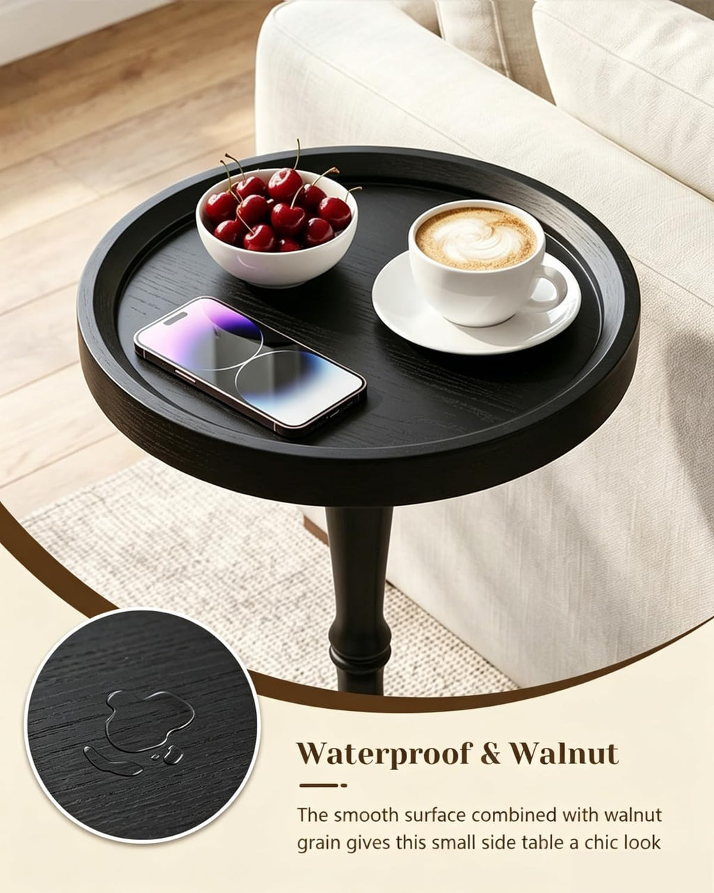 Small Round Side Table, Drink Table, Coffee Martini Table for Small Spaces Modern Accent End Table Nightstand with Solid Wood Leg for Living Room, Bedroom, Corners and Office (Black)