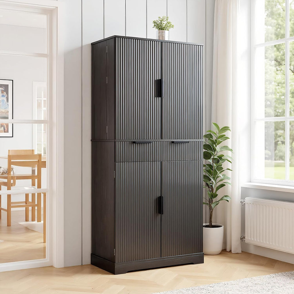 72” Kitchen Pantry Cabinet, Fluted Kitchen Cupboard with Doors and Large Drawer,Tall Storage Cabinet with Adjustable Shelves for Dining Room, Bathroom,Living Room(Black)