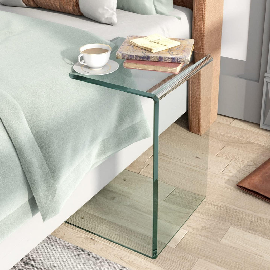 15.36" 2-Piece Glass End Table, C Shaped Side Table Set of 2 Clear Tempered Glass Snack Table Modern Nightstand Bedside Table for Living Room, Bedroom, Office, Bathroom