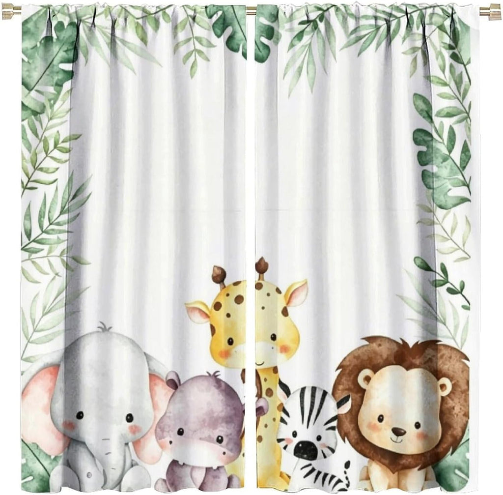 Nursery Curtains Jungle Safari Toddler Theme, Cartoon Animal Lion Elephant Giraffe Palm Leaf Print Rod Pocket Window Drapes for Bedroom Living Room, 2 Panels W52xL84 Inch