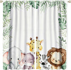 Nursery Curtains Jungle Safari Toddler Theme, Cartoon Animal Lion Elephant Giraffe Palm Leaf Print Rod Pocket Window Drapes for Bedroom Living Room, 2 Panels W52xL84 Inch