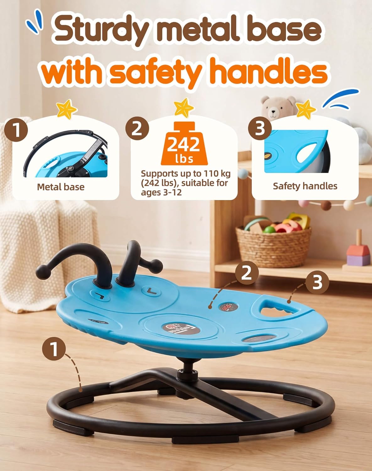 SUNFATT Spinning Chair for Autistic Kids,Heavy Duty Sensory Sit and Spin Chair with Metal Base & Safety Handles,242 lbs Capacity,360° Rotating Ladybug Chair for ADHD,Indoor Outdoor Toy for Ages 3-12